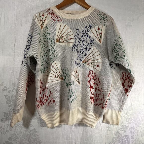 Vintage 1980’s Sweater Medium Off White Sparkle Fans Regency Collection Sequin - Picture 1 of 16